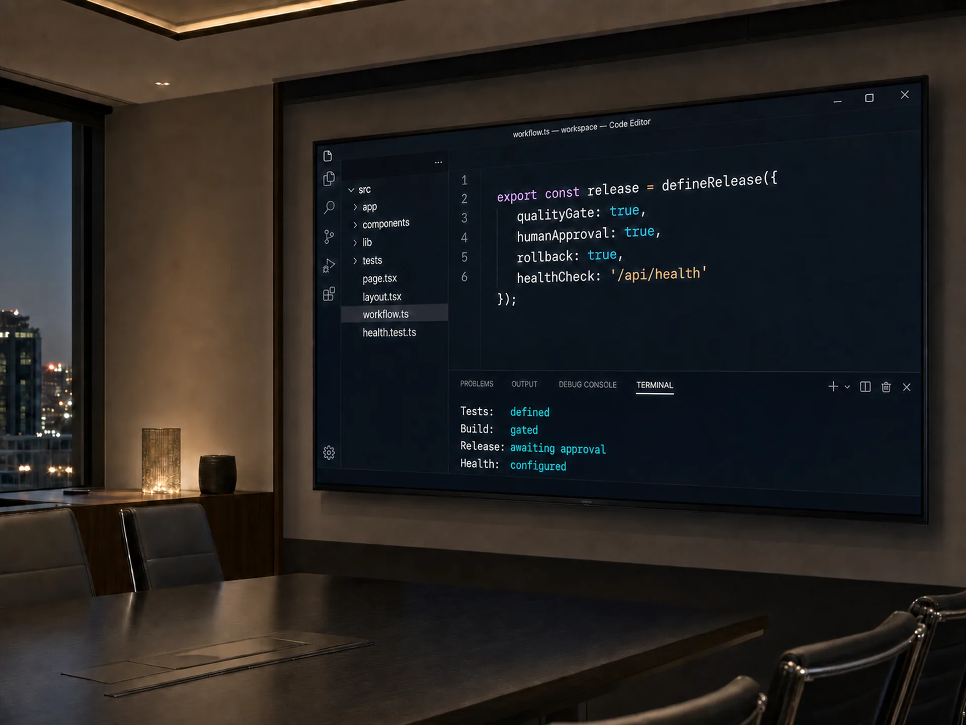 I show release safeguards, human approval and health checks being configured before delivery.